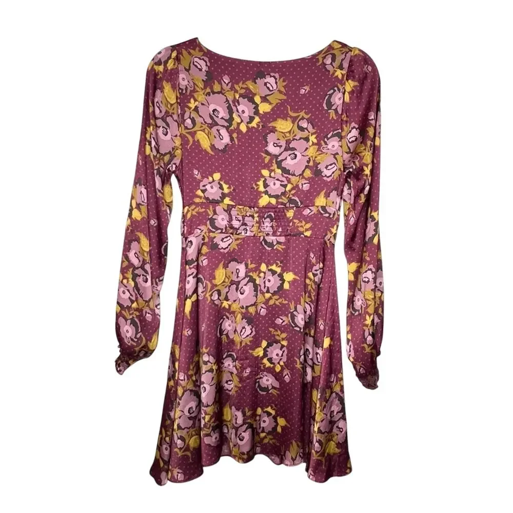 Free People Morning Light Dress 6 Mauve Floral Polka Dot Satin Keyhole Boho